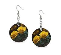 Women Beautiful Yellow Roses Wooden Earrings Lightweight Dangle Earrings Geometric Drop Earring Vintage Round Retro Daily Wear Jewelry Gift for Wedding Party Graduation