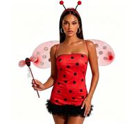 Women Bee Ladybug Costume Dress Wings Headband Halloween Cosplay (Red, L)