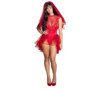 Women Beetle Bride Halloween Costume Bodysuit Skirt Veil Cosplay Outfit | Gothic Halloween Costume Set 80s Red Wedding Bride Bodysuit Tutu Skirt with Tulle Veil Beetle Bride Cosplay Party Outfit
