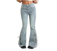 Women Bell Bottom Jeans Lace Up Bow Stretch Flare Denim Pants Cute Y2k Vintage Clothes, Retro Blue, XL