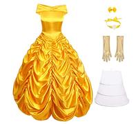 Women Belle Dress with Gloves 5pcs Adult Princess Fancy Dress Up Outfits Halloween Party Carnival Costume Fairy Tale Beauty and The Beast Cosplay Stage Performance Dance Yellow Long Gown