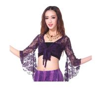 Women Belly Dance Top, 3/4 Flared Sleeve Wrap Top, Knot Bandage Floral Shawl Crop Top for Dancewear, Lace Butterfly Crop Tops Tribal Belly Dance Yoga Costume Accessories for Women Girls Purple
