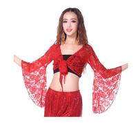 Women Belly Dance Top, 3/4 Flared Sleeve Wrap Top, Knot Bandage Floral Shawl Crop Top for Dancewear, Lace Butterfly Crop Tops Tribal Belly Dance Yoga Costume Accessories for Women Girls