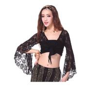 Women Belly Dance Top, 3/4 Flared Sleeve Wrap Top, Knot Bandage Floral Shawl Crop Top for Dancewear, Lace Butterfly Crop Tops Tribal Belly Dance Yoga Costume Accessories for Women Girls