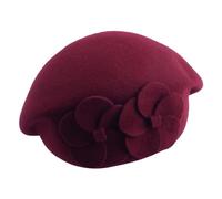 Women Beret Hat French Style Warm Newsboy Hat Winter Hat Wool Beret Hat Soft Keep Warm Solid Color French Beret with Flowers Wine