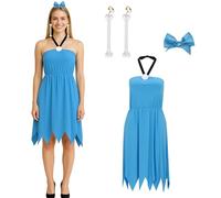 Women Betty Costume Cavewoman Blue Halter Dress with Bowknot Bone Earrings Family Couple Cartoon Character Cosplay Halloween Funny Party Outfit (M)