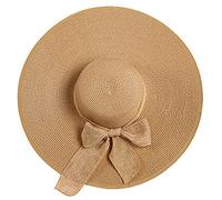 Women Big Bowknot Wide Brim Straw Hat Floppy Foldable Roll up Cap Summer Beach Sun Hat UPF 50+ (Head Circumferences 22-23.6inch) Khaki