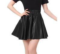Women Big Girls Shiny Satin A-Line Flared Mini Skirt for Dance Performance Tennis Skater, Black, One Size