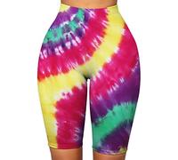 Women Biker Workout Running Cycling Shorts, Womens Tie Dye Pattern Workout Yoga Shorts Knee Length Running Biker Shorts High Waist Tummy Control Skinny Short Leggings Tights Ladies Sports Gym Shorts L