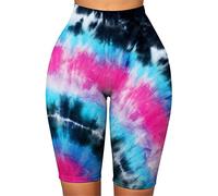 Women Biker Workout Running Cycling Shorts, Womens Tie Dye Pattern Workout Yoga Shorts Knee Length Running Biker Shorts High Waist Tummy Control Skinny Short Leggings Tights Ladies Sports Gym Shorts L