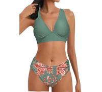 Women Bikini Set V Neck Swimsuit High Waist Lace Up Mid Rise Two Piece Bathing Suit Wide Strap Triangle Bikini Push Up Swimming Costume(Green Flowers,S)