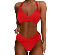 Women Bikini Sets 2 Piece Solid Color V Neck Bathing Suits Swimwear Set with Adjustable Straps V Crossing Front Briefs Swim Bottoms Halterneck Swimsuit for Beachparty (Red, XL)