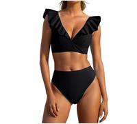 Women Bikini Sets High Waisted V-Neck Ruffle Sleeve Two-Piece Swimsuit Tight Fitting Gathering Swimming Costume Summer SexyV-Neck Backless Strap Bikini Swimwear UK Size S-XXL Clearance for Ladies