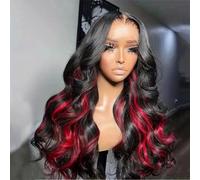 Women Black Body Wave Wig With Red Highlight Heat Resistant Synthetic Lace Front Wig Daily Use Wigs Lace Front Wigs 18inches