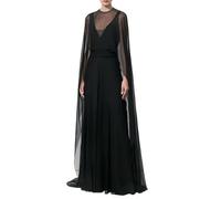 Women Black Chiffon Mesh Sheer Long Cap Shawls And Wraps Capelets For Evening Dress Y2k Lace Silk High Low Poncho Top Wedding Party Flowy Crew Neck See Through Loose Tulle Capes Beach Cover Ups