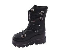Women Black Platform Goth Boots Knee High Chunky Heel Gothic Boot Women Black Combat Motorcycle Booties Round Toe Ankle Boots Side Zip Lace Up with Metal Buckles & Studded Detailing Size 3.5-7.5