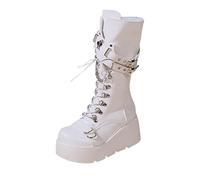 Women Black Platform Goth Knee High Boots Chunky Heel Gothic Boot Women Black Combat Motorcycle Booties Ladies Round Toe with Zip Lace Up Lolita Shoes Uniform Booties Party Night Club