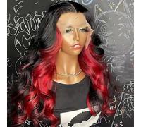 Women Black Red Silky Natural Hairline Synthetic Lace Front Wigs Half Black Half Red Highlight Wig Body Wave 24inches-Lace Front