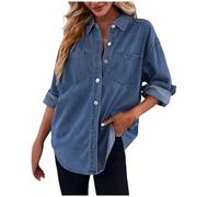 Women Blazer Coatigans - Women's Casual Button Down Denim Shirt Long Sleeve Boyfriend Oversized Jean Jacket With Pockets (Blue M)