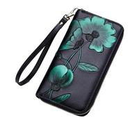 Women Blocking Wallet Hand Painted Flowers Ladies Wristlet Wrist Strap Long Purse Large Capacity Multi Slots Card Case Zipper Pocket Men's Canvas Messenger (Green, One Size)