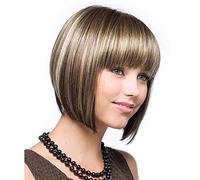 Women Blonde Wig with Fringe Short Blonde Bob Straight Wig Human Hair Synthetic Glueless Fun Anime 80S Party Cosplay or Daily
