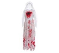 Women Bloody Ghost Bride Halloween Costume 2 Pieces Set Lace Long Sleeve Blood Splattered Wedding Maxi Dress with White Tulle Veil Headpiece Scary Zombie Bride Cosplay Outfit for Bar Party Graveyard