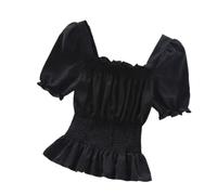 Women Blouse Chiffon Puff Sleeve Solid Loose Ladies Blouse Shirt Tops Womens T-Shirts Chiffon Blouse Summer Tops Short Puff Sleeve Chiffon Shirt Casual Blouse Summer Frilly Solid Tunic Tops C-Black