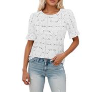 Women Blouse Cutout Flower Top Round Neck Long Sleeve Elastic Cuffs Elegance Shirt Women's Eyelet Tops Puff Short Sleeve Blouses Dressy Casual Cute Hollow Out Crochet Lace Embroidered Summer Shirts