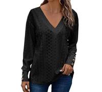 Women Blouse Hollow Out Pullover Tops V Neck Fall Pullover Blouse Vintage Lightweight See Through Slim Fitt Shirt Long Sleeve Loose Blouse(Black,L)