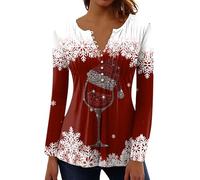 Women Blouse Tops,V- Neck Floral Christmas Wine Glasses Printed Tunic Tops Buttons Short Sleeve T-Shirt Christmas Jumper Funny Graphic Xmas Jumper Sweatshirts Ladies Warehouse Deals Clearance UK Sale