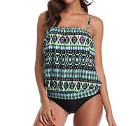 Women Blouson Tribal Print Strappy T-Back Swimsuit Push Up Tankini Set with Swimming Brief Retro Two Piece Bathing Suit Ladies Swimming Costumes Women Girls Period Swimwear (Green, M)