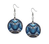 Women Blue Owl Wooden Earrings Lightweight Dangle Earrings Geometric Drop Earring Vintage Round Retro Daily Wear Jewelry Gift for Wedding Party Graduation