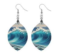 Women Blue Wave Art Wooden Earrings Lightweight Dangle Earrings Geometric Drop Earring Vintage Apricot Retro Daily Wear Jewelry Gift for Wedding Party Graduation