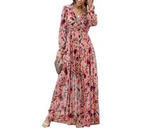 Women Bohemian Maxi Dress Chiffon Long Sleeve V-Neck Ruffle Elegant Flowy Floral Party Dress (M, Multicoloured)
