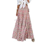 Women Boho Floral Print Midi Skirt Casual Elastic High Waist Pleated Swing a Line Boho Beach Maxi Skirt (Color : Pink, Size : M)