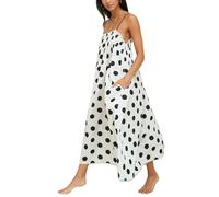 Women Boho Floral Sleeveless Smocked Maxi Dress Square Neck Spaghetti Strap Flowy Swing A Line Sundress, Loose Polka Dot White, S