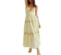 Women Boho Flowy Maxi Dress Flower Embroidery Tie-Up Halter Sleeveless Dress Open Back Swing Backless A-line Dress (A-Yellow, L)