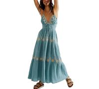 Women Boho Flowy Maxi Dress Flower Embroidery Tie-Up Halter Sleeveless Dress Open Back Swing Backless A-line Dress (A-Blue, M)