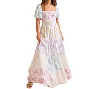 Women Boho Patchwork Maxi Dress Puff Short Sleeve Floral Smocked Long Dress Square Neck Flowy A-Line Long Beach Sundress, White, S