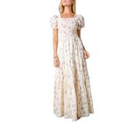 Women Boho Patchwork Maxi Dress Puff Short Sleeve Floral Smocked Long Dress Square Neck Flowy A-Line Long Beach Sundress, Ivory, M