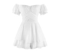 Women Boho Romper Off Shoulder Ruffle Chiffon Shorts Mini Dress Floral Print One Piece Casual Strapless Jumpsuit Double Layer Ruffle Hem Playsuits Beach Summer Dresses Overall Outfit White Large