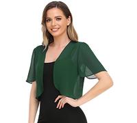 Women Bolero Shrug Soft Chiffon Open Front Sheer Short Sleeve Cropped Cardigans for Evening Dress, Dark Green, Medium