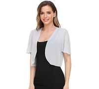 Women Bolero Shrug Soft Chiffon Open Front Sheer Short Sleeve Cropped Cardigans for Evening Dress, Silver, Medium