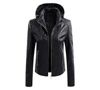 Women Bomber Trucker Jacket Faux Leather Utility Biker Jacket Hooded Zipper Lapel Collar Cropped Jacket Long Sleeve Leather Jacket Winter Autumn Hoodie Outwear Flight Top Ladies Black