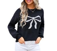 Women Bow Knit Sweater Crew Neck Long Sleeve Y2k Knitted Jumper Cute Oversized Pullover Knitwear (Cute Black, S)