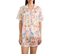 Women Bow Print Two Piece Pajama Set Short Sleeve Button Down Shirt Lounge Shorts Pjs Y2k Cute Holiday Sleepwear (E-Colorful, S)