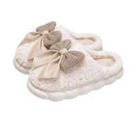 Women Bow Slippers Puffy Plush Memory Foam House Shoes Winter Fluffy Closed Toe Backless Footwear Comfortable Thick Sole Cloud Slides Girl Cute Cotton Slipper (White, 5)