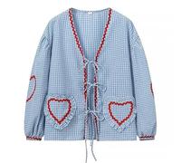 Women Bow Tie Front Shirt Top Y2K Cute Puff Sleeve Peplum Blouse Coquette Gingham Babydoll Cottagecore Going Out Tops, Blue, L