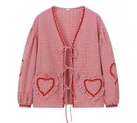 Women Bow Tie Front Shirt Top Y2K Cute Puff Sleeve Peplum Blouse Coquette Gingham Babydoll Cottagecore Going Out Tops, Red, L
