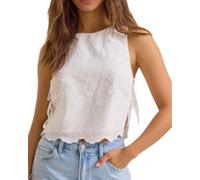 Women Boxy Crop Tops Side Tie Sleeveless Embroidery Flower Vest Y2k Trendy Summer Going Out Aesthetci Cami Shirt (A-White, L)